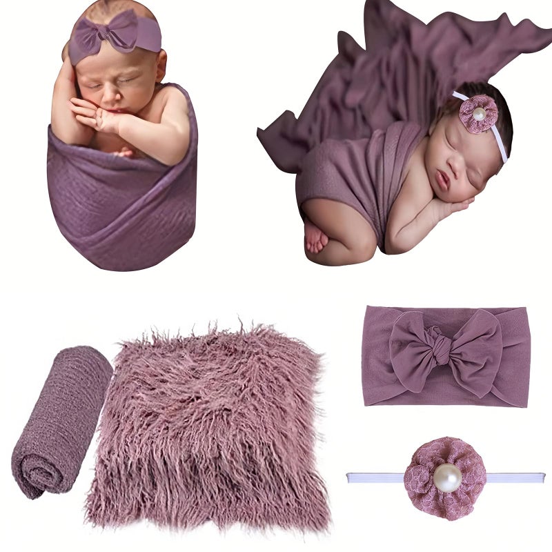 SPOKKI 4 Pcs Newborn Photography Props Outfits- Baby Long Ripple Wrap and Toddler Swaddle Blankets Photography Mat with Cute Headbands for Infant Boys Girls(0-12 Months) (Purple) - Image 1